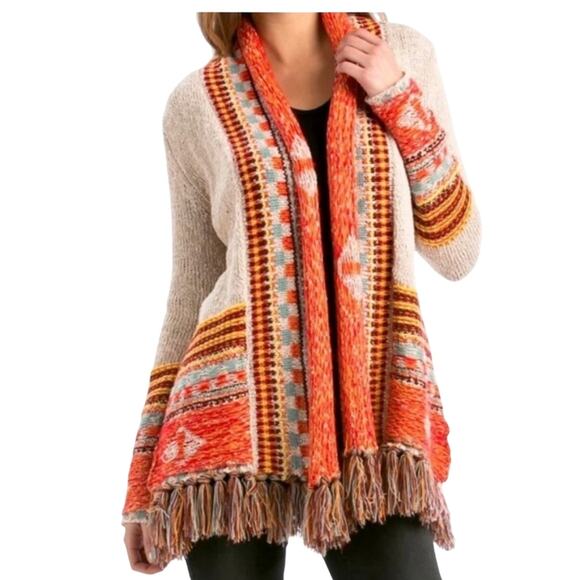 Desigual Yes Isa Cardigan Sweater Size XL Tan Orange Aztec Boho Fringe Open - Picture 1 of 14